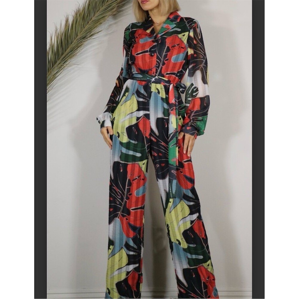 MULLA Jumpsuit Womens Size M Tropical Leaf Print Wide-Leg Tie Waist NWT - Picture 5 of 6